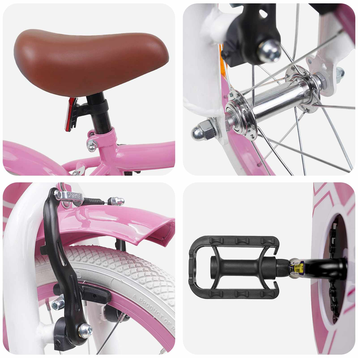 Nahaufnahme eines rosa Kinderfahrrads mit braunem Sattel, Radnabe, Bremse und Pedal.