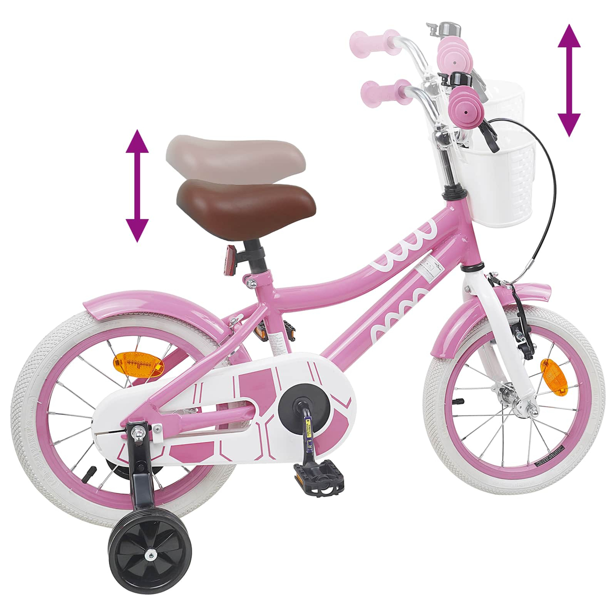 Ein rosa Kinderfahrrad mit Stützrädern und einem weißen Korb.