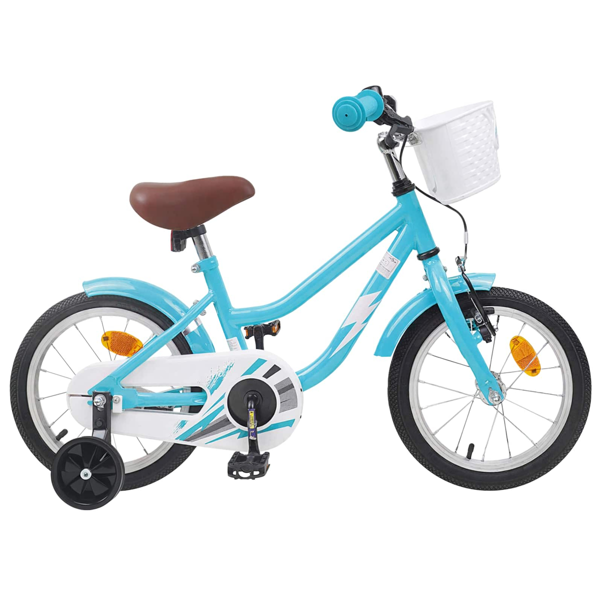 Ein blaues Kinderfahrrad mit Stützrädern, braunem Sattel und weißem Korb.