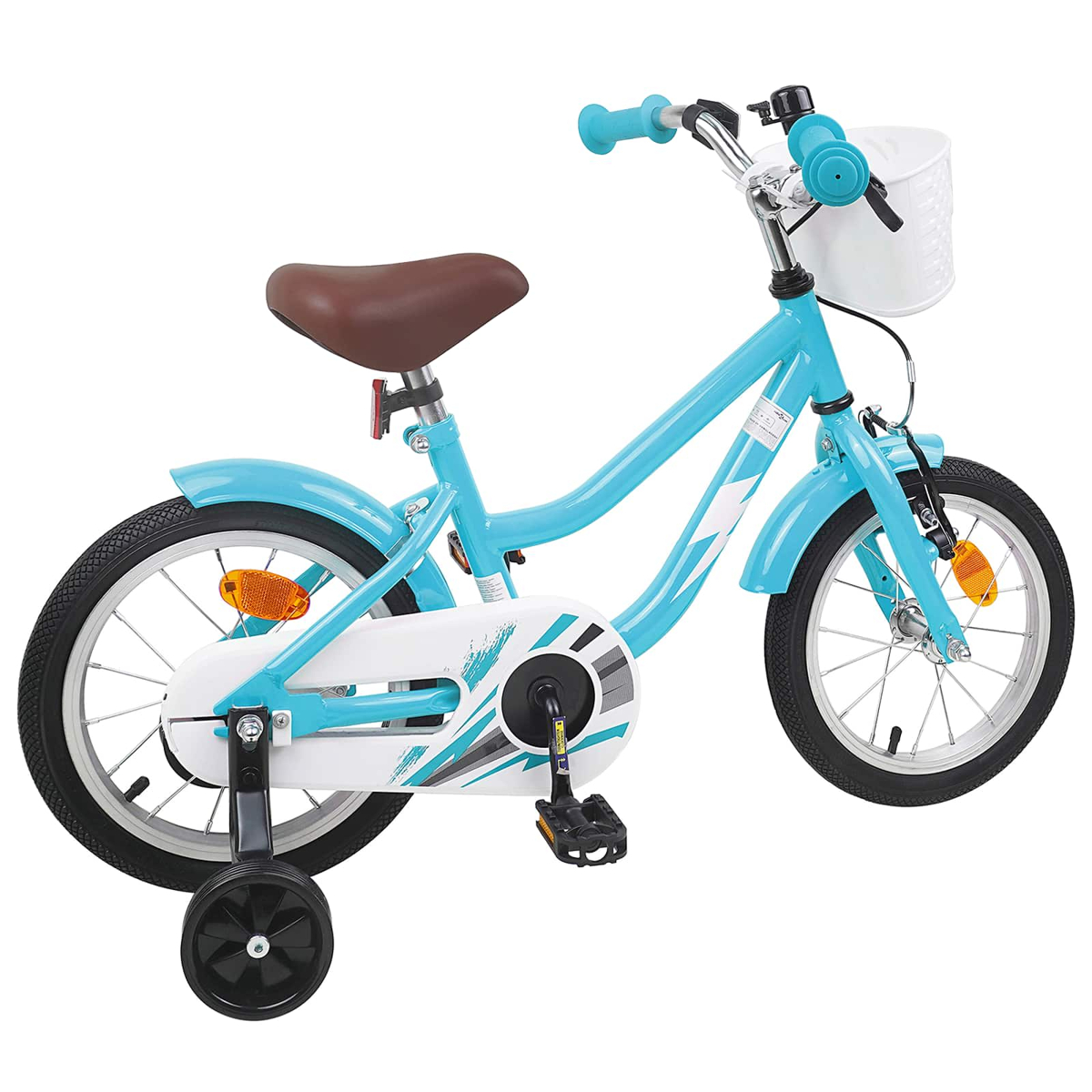 Ein hellblaues Kinderfahrrad mit braunem Sattel, Stützrädern und weißem Korb.