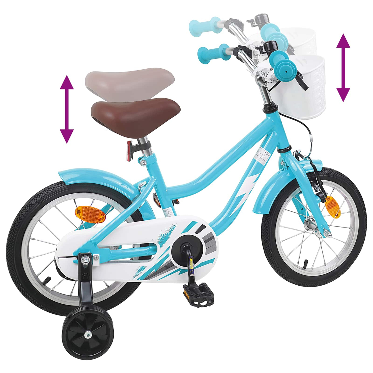 Ein türkisfarbenes Kinderfahrrad mit Stützrädern und einem weißen Korb.