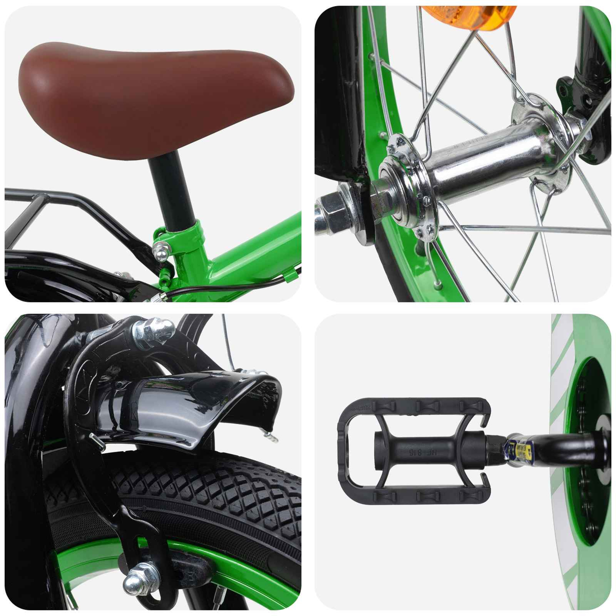 Details eines Kinderfahrrads: brauner Sattel, Radnabe, Bremse und Pedal.