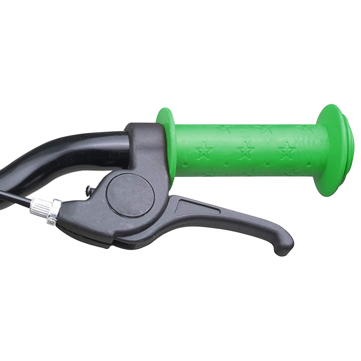 Grüner Fahrradgriff mit Sternenmuster und schwarzem Bremshebel.