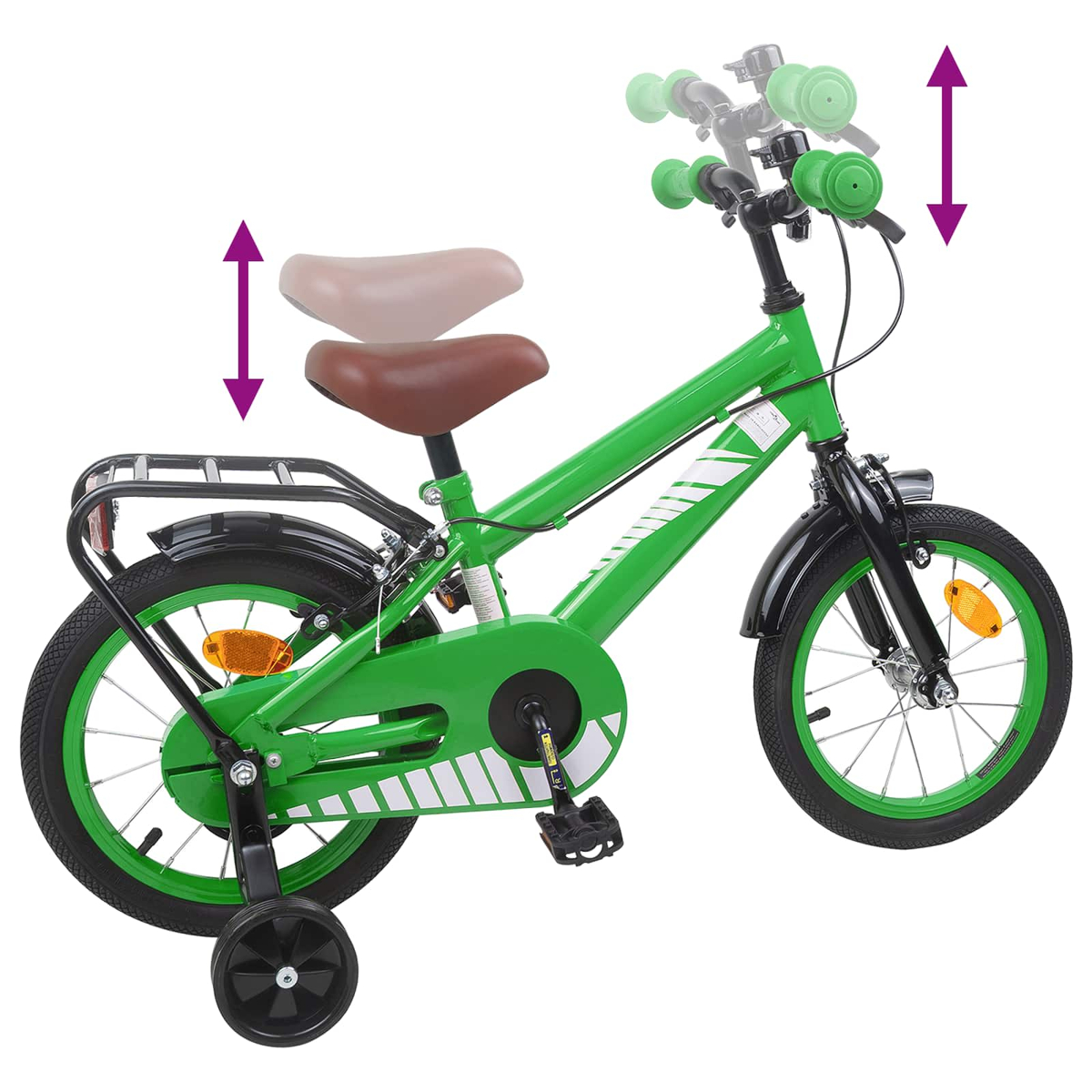 Grünes Kinderfahrrad mit Stützrädern, verstellbarem Sattel und Lenker.