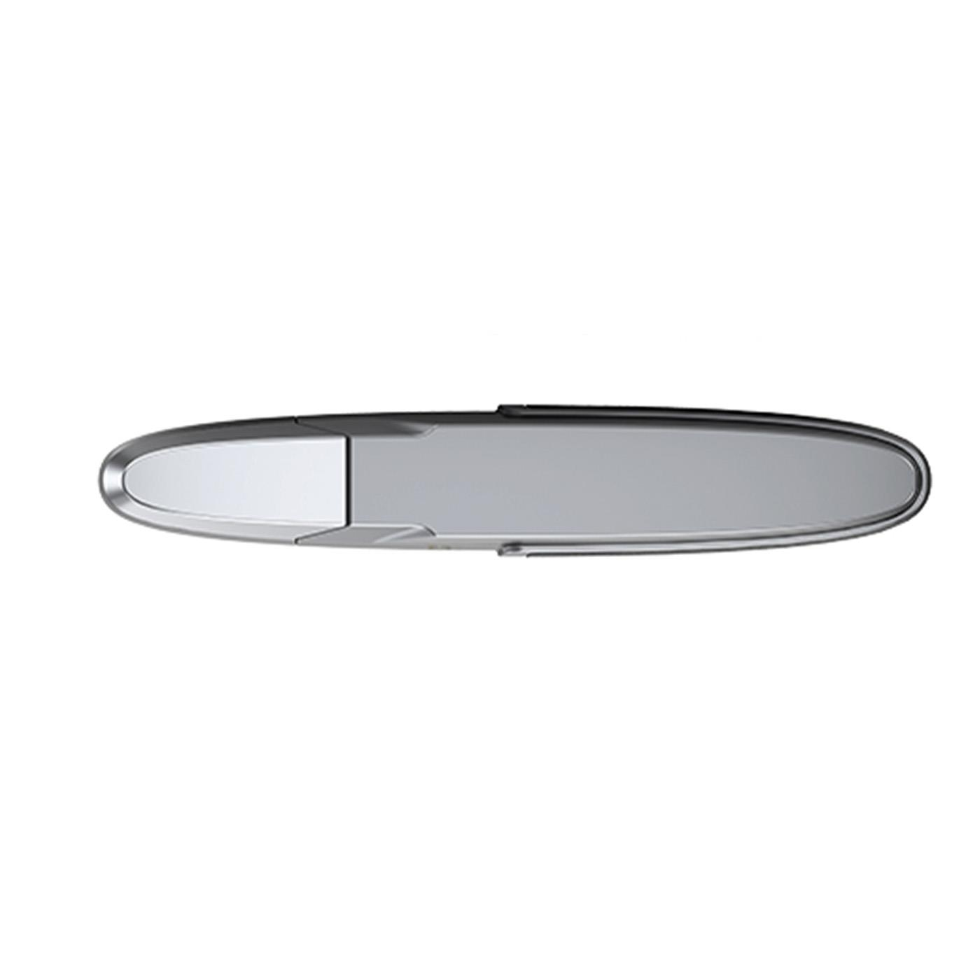 Gümüş renkli, yuvarlak uçlu ve metal kapaklı USB bellek.