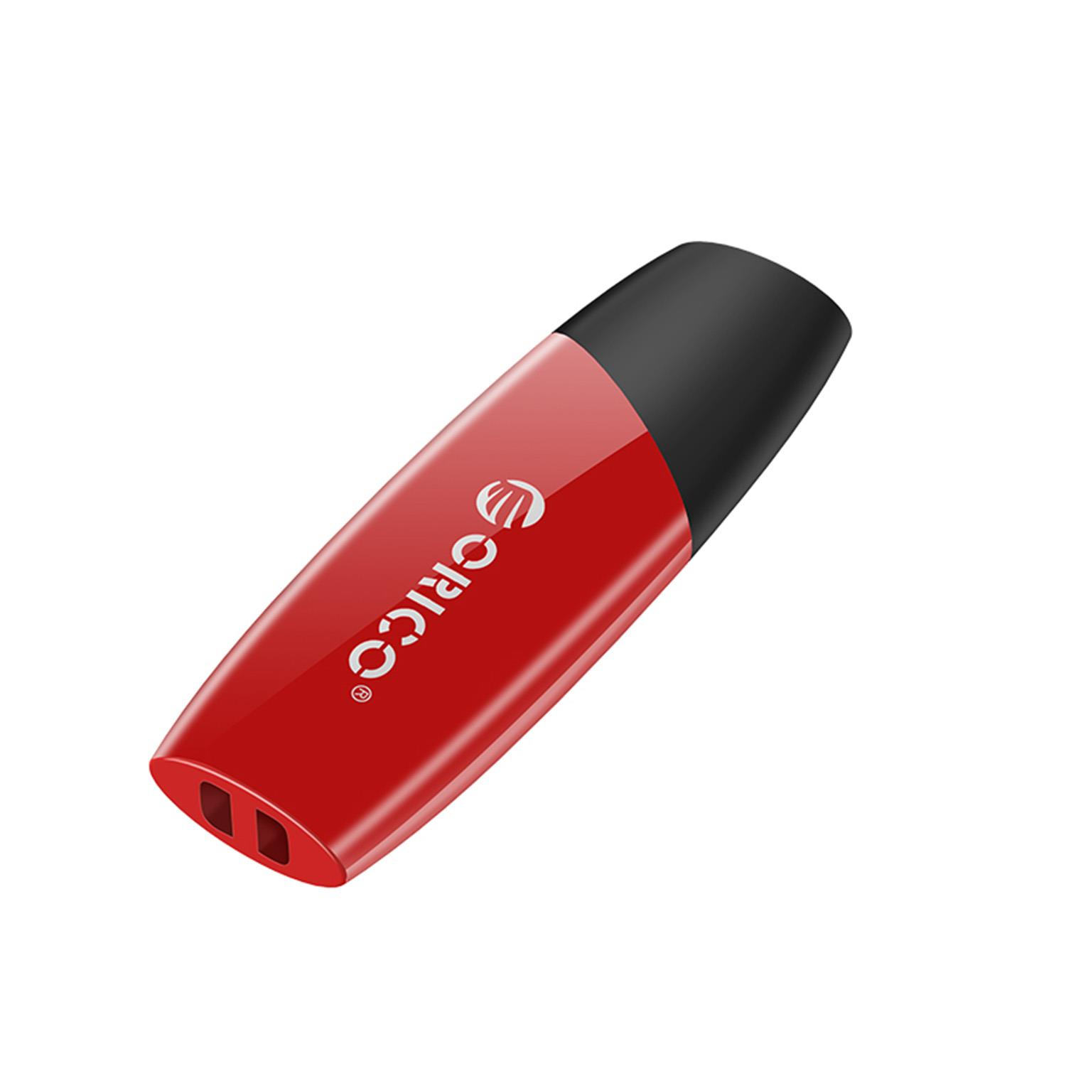 Siyah kapaklı ve ORICO logolu kırmızı USB bellek.