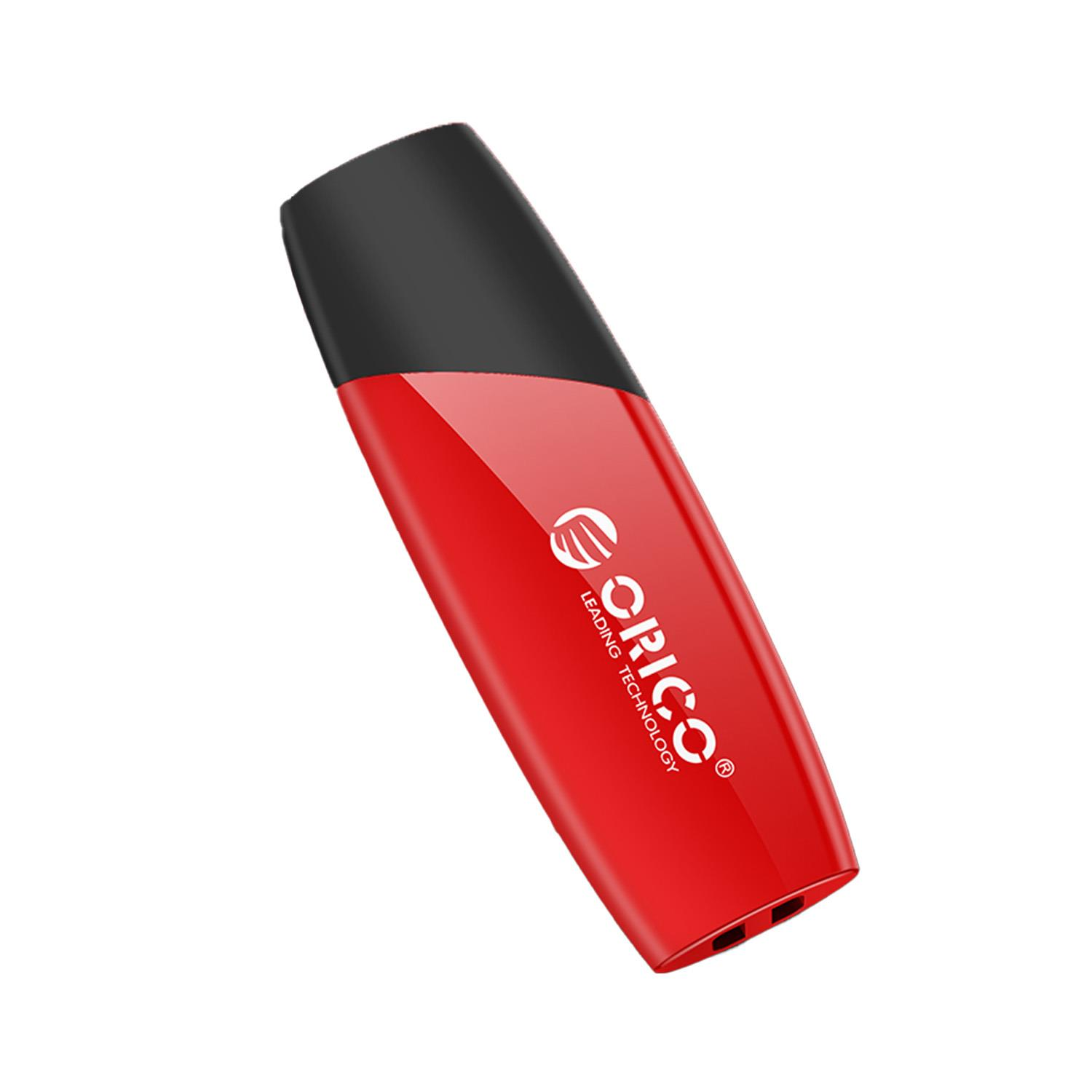 Siyah kapaklı ve ORICO logolu kırmızı USB bellek.