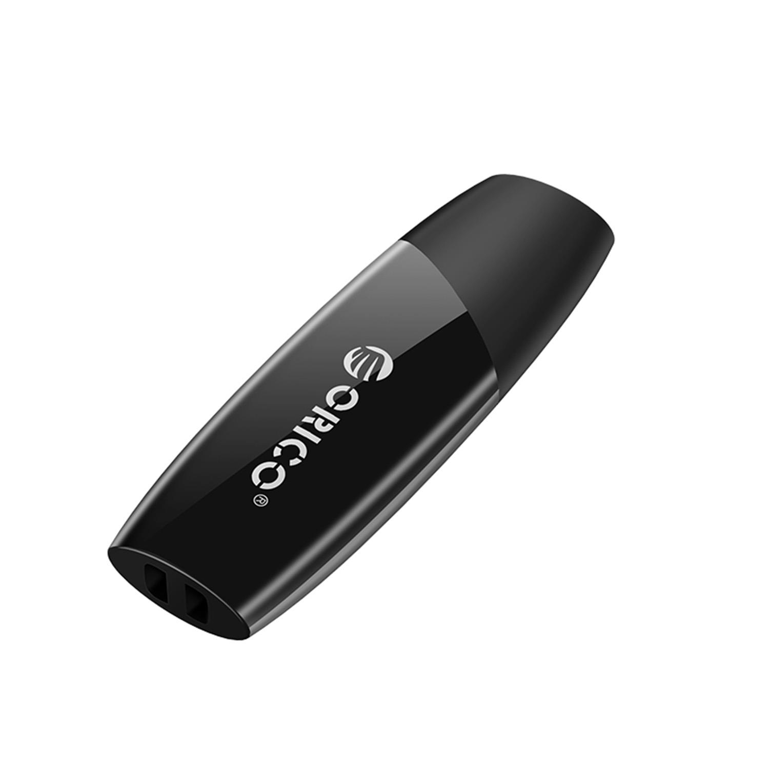 ORICO logolu, parlak yüzeyli siyah USB bellek.
