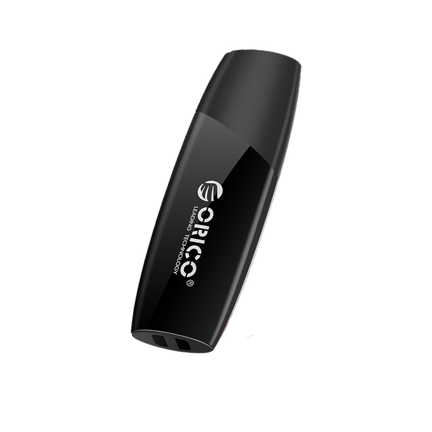 ORICO logosu ve "LEADING TECHNOLOGY" yazısı bulunan şık, siyah bir USB bellek.