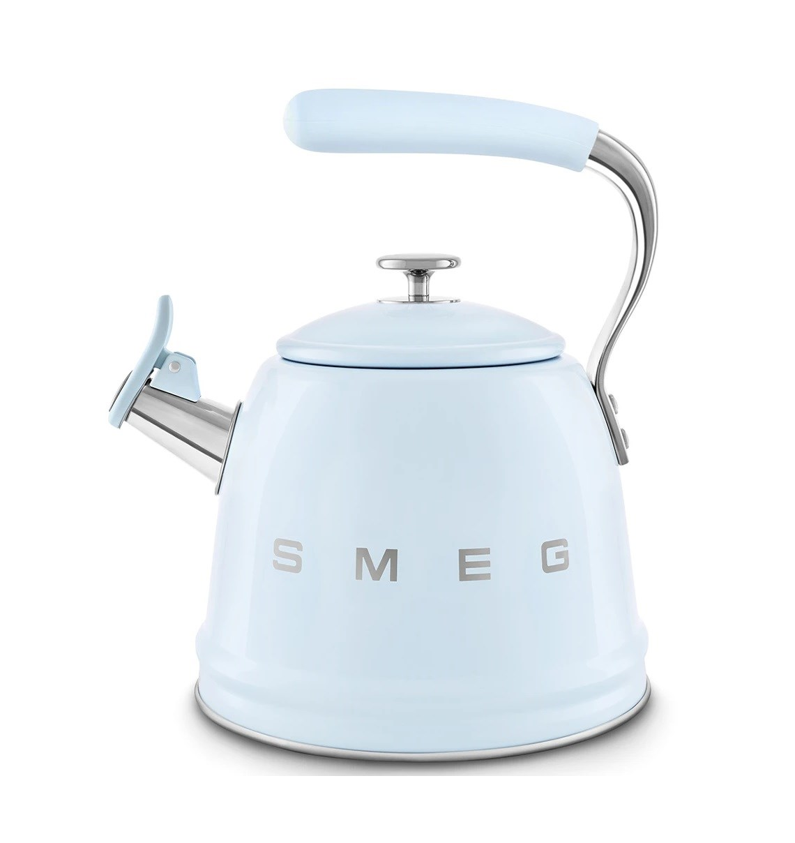 Gümüş saplı ve kapaklı açık mavi bir SMEG su ısıtıcısı.