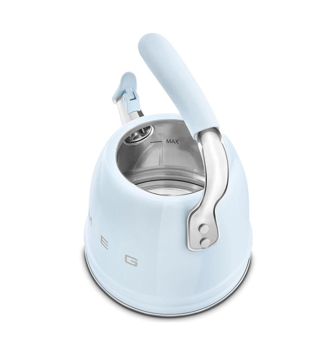 Gümüş saplı ve maksimum doldurma çizgili açık mavi Smeg su ısıtıcısı.