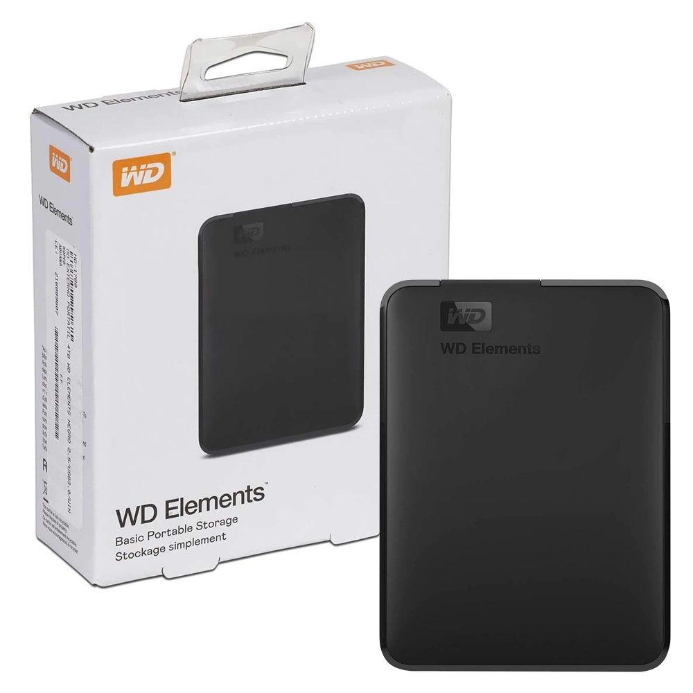 Siyah WD Elements taşınabilir sabit disk kutusunun yanında.