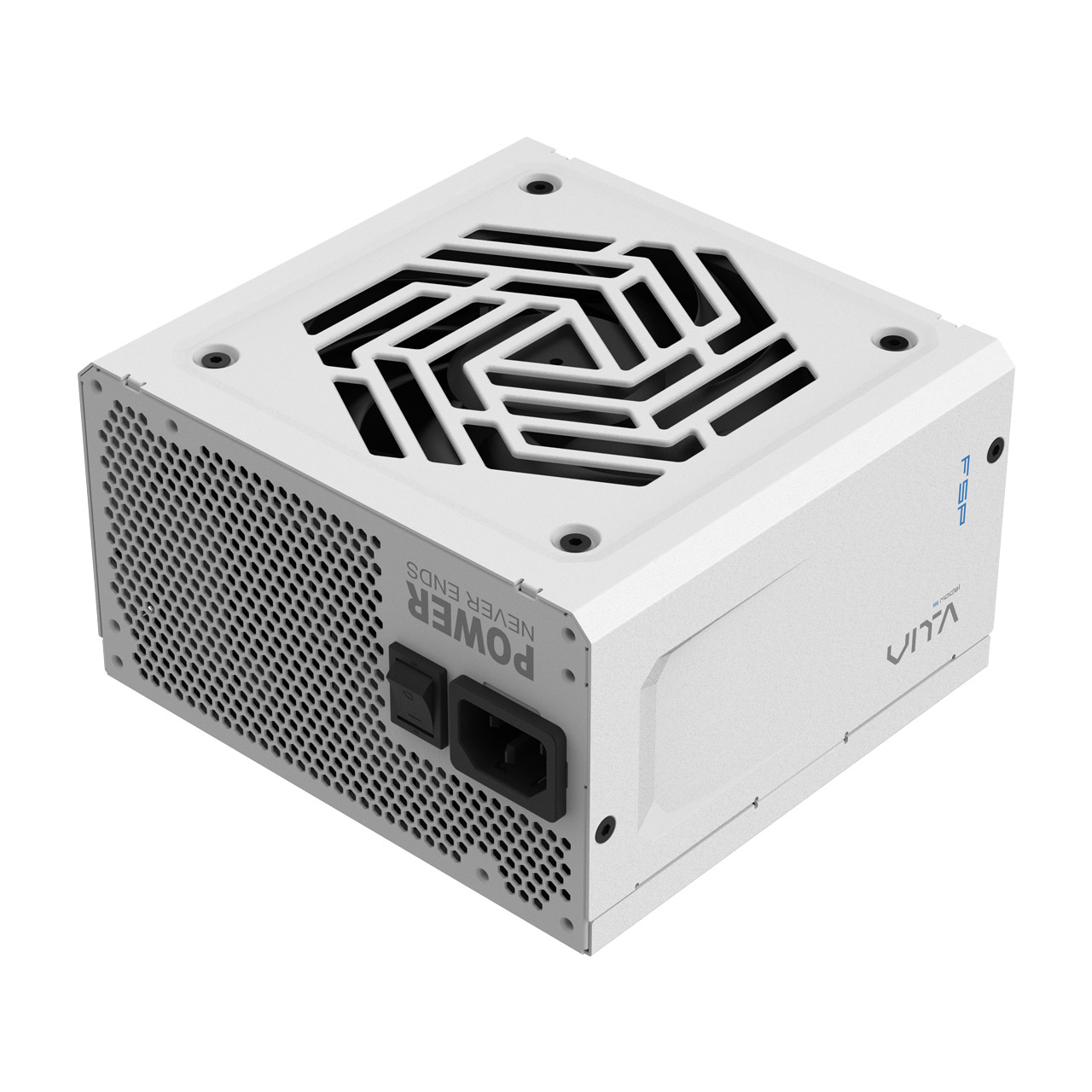 Alimentatore bianco per computer con griglia ventola in alto e interruttore.
