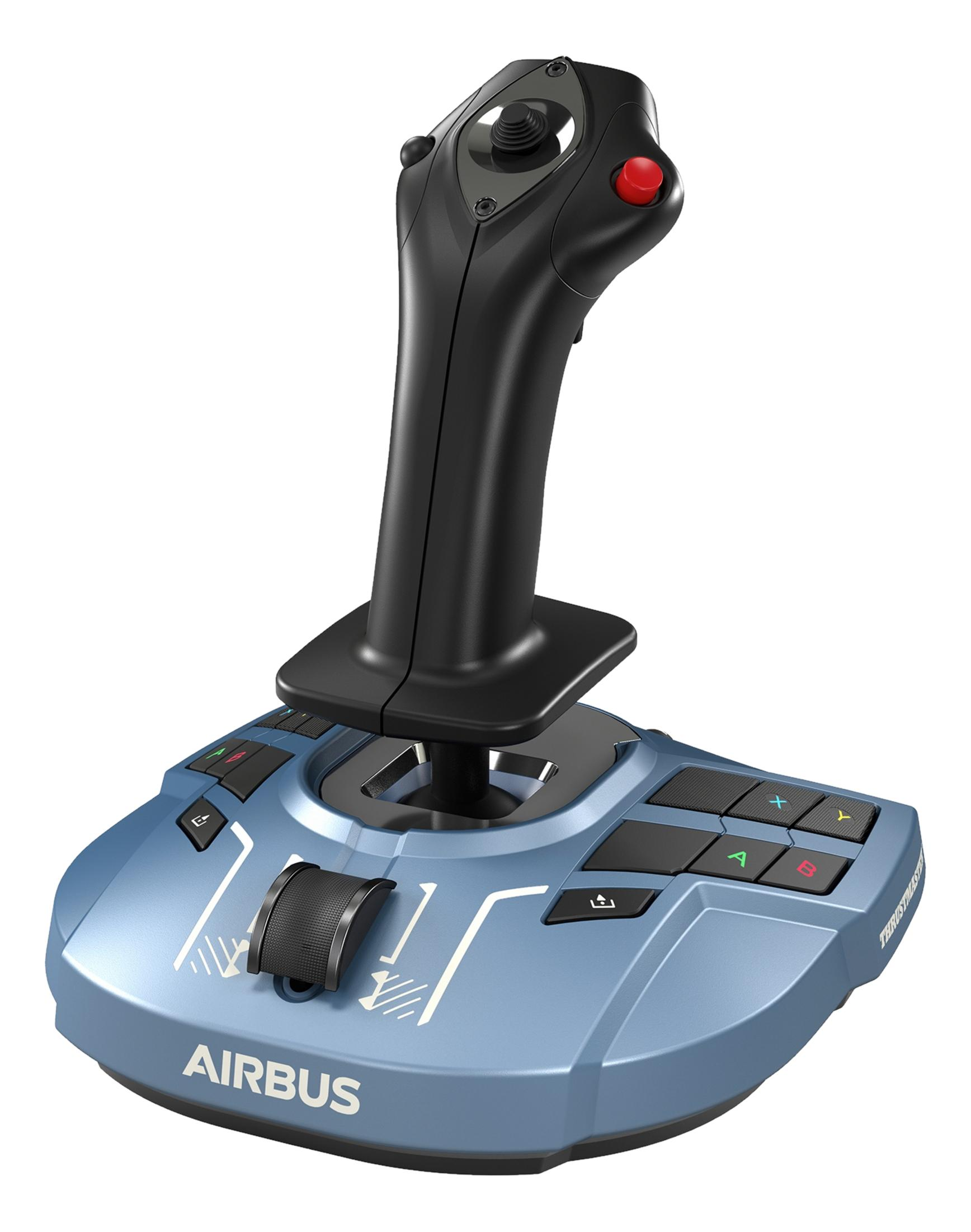 Niebieski joystick Airbus z czarnym uchwytem i wieloma przyciskami.