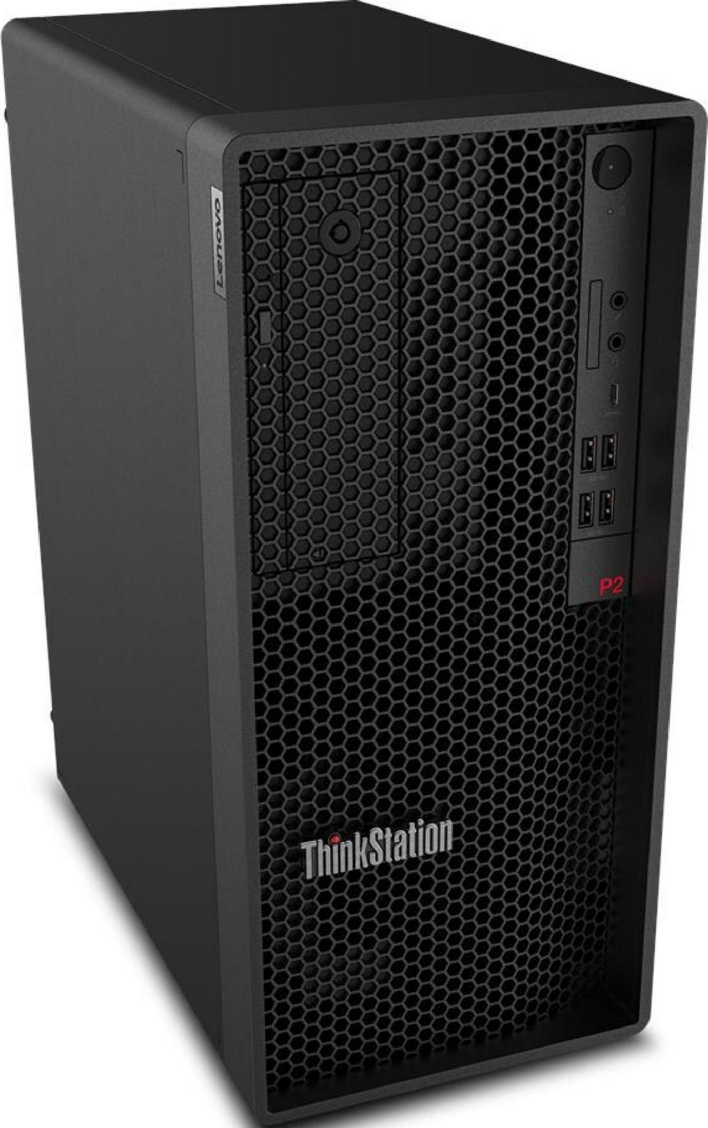 Ein schwarzer Lenovo ThinkStation PC mit Wabenmuster-Front und roten Akzenten.