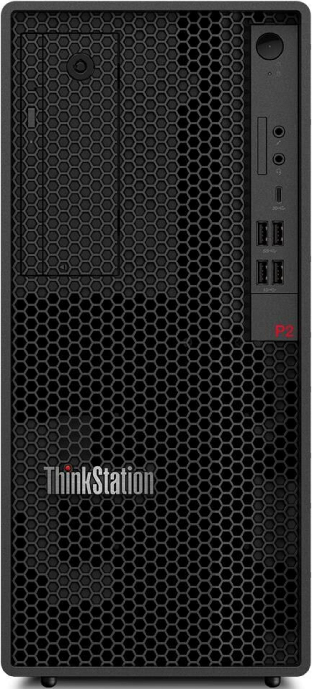 Ein schwarzes ThinkStation P2 Computergehäuse mit Wabengitter und Anschlüssen.