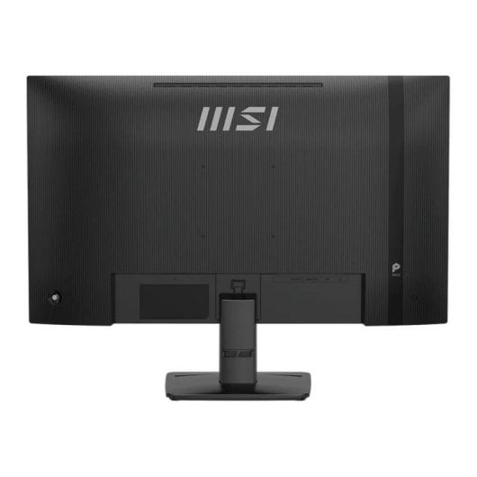Retro di un monitor MSI nero con scanalature verticali e logo argentato.