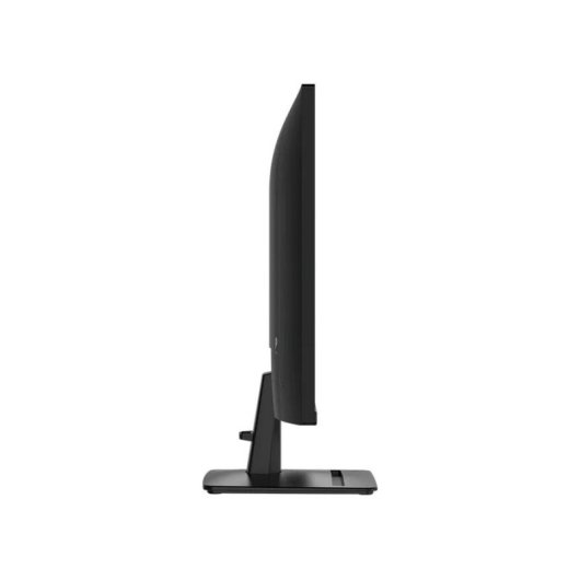 Un monitor nero con il suo supporto, visto di lato.