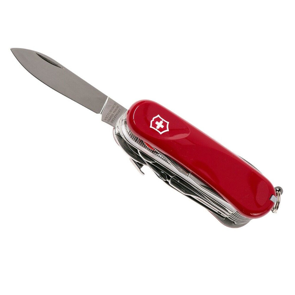 Birden fazla alet gösteren, açık bıçaklı kırmızı bir Victorinox İsviçre çakısı.