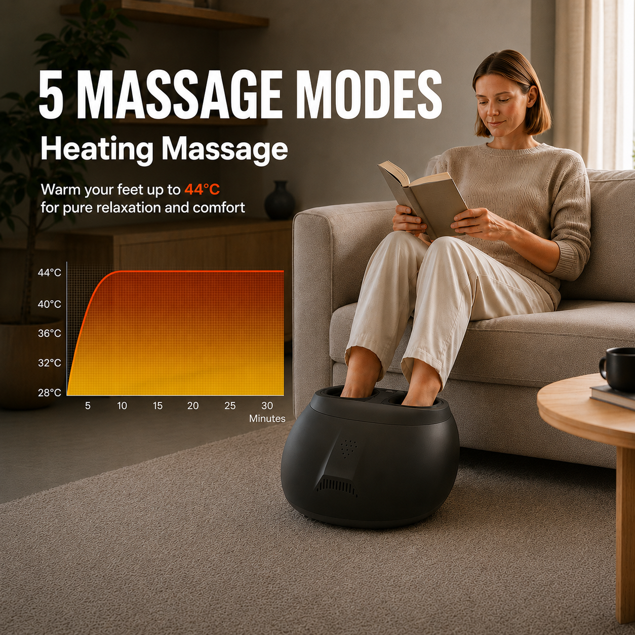 Vrouw leest op bank met voeten in verwarmende massager. Grafiek toont temp. tot 44°C.