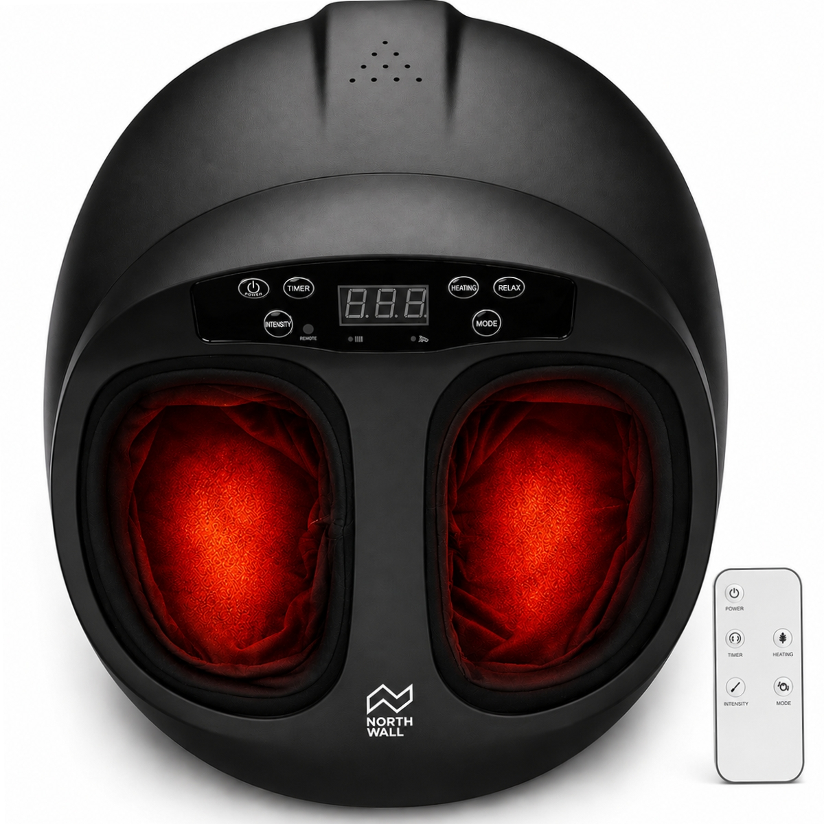 Zwarte voetmassager met verwarmde inzetstukken en afstandsbediening.