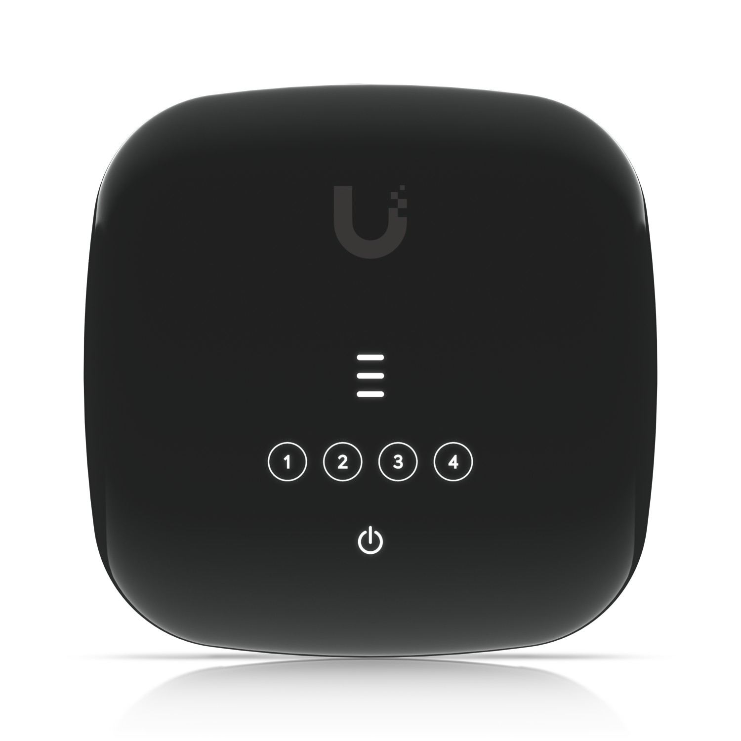 Un dispositivo negro y brillante con un logo de U estilizado, tres líneas y los números 1-4.