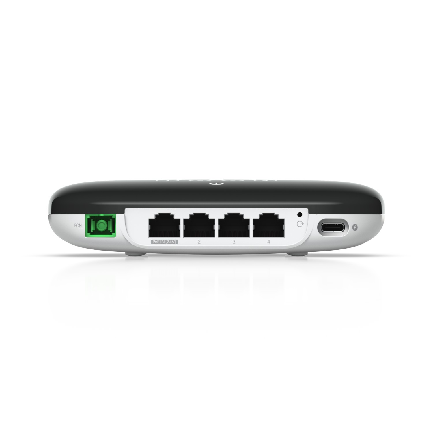 Un elegante dispositivo de red blanco y negro con puertos PON, PoE y 4 Ethernet.