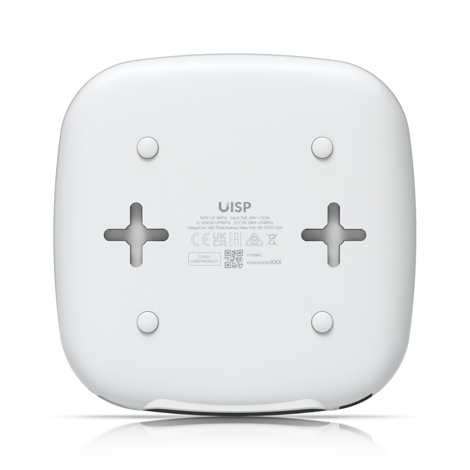 Dispositivo Ubiquiti UISP UF-WiFi6 blanco, vista trasera, con información.