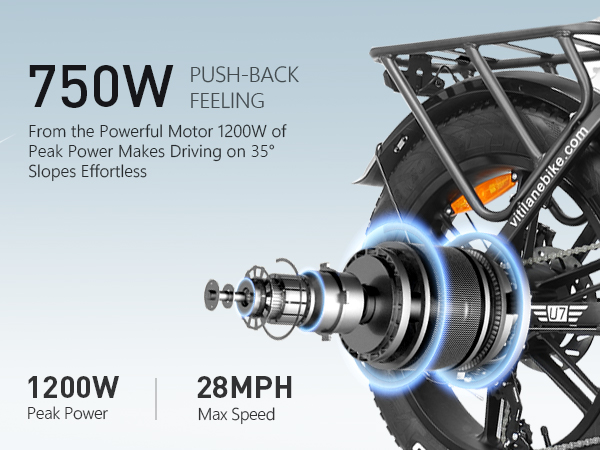 Detailansicht eines E-Bike-Motors mit 750W Leistung und 1200W Spitzenleistung.