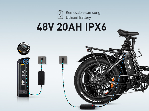 Schwarzes E-Bike mit abnehmbarer 48V 20AH IPX6 Lithiumbatterie, die geladen wird.