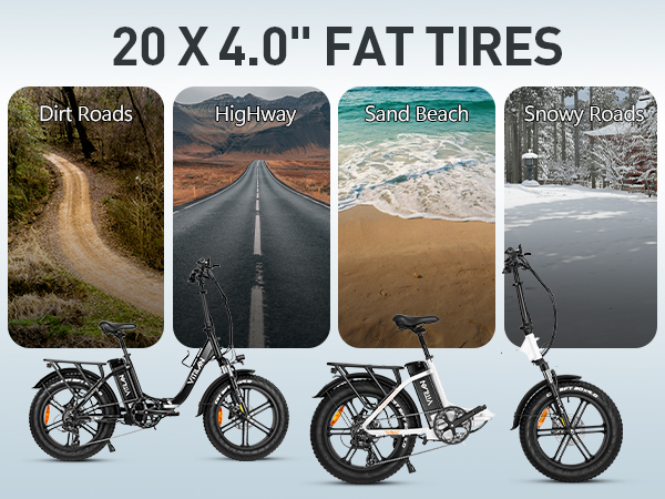 Vier Fahrräder mit dicken Reifen, die für verschiedene Terrains wie Schmutz, Autobahn, Strand und Schnee geeignet sind.