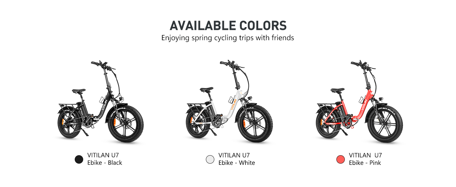 Drei Vitilan U7 E-Bikes in Schwarz, Weiß und Pink auf weißem Hintergrund.