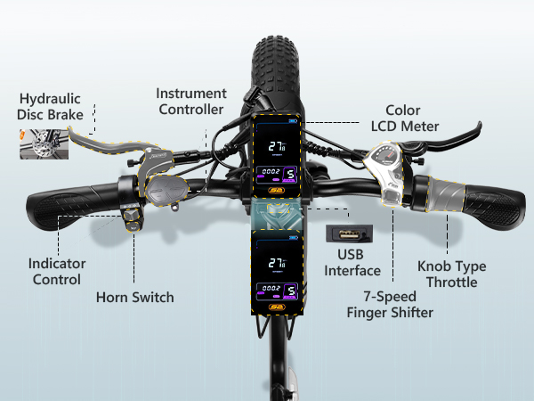 Fahrradlenker mit Bremsen, Schalthebel, Gasgriff, LCD-Anzeige und USB.