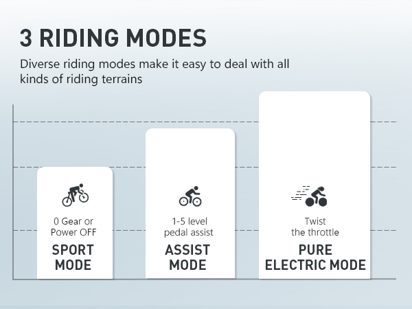 Drei Fahrmodi: Sport, Assist und reine Elektromodus mit Icons.