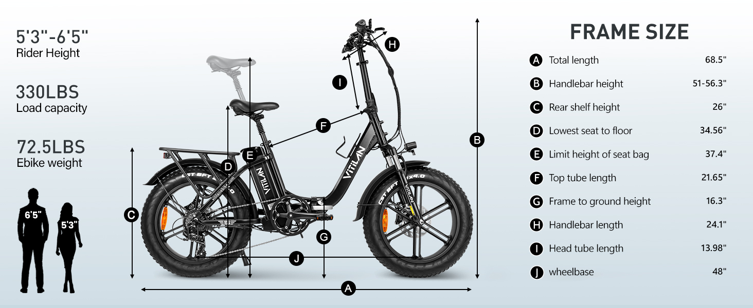 E-Bike mit Größenangaben: Fahrerhöhe, Ladekapazität, Gewicht, Länge, Höhe, Reifen.