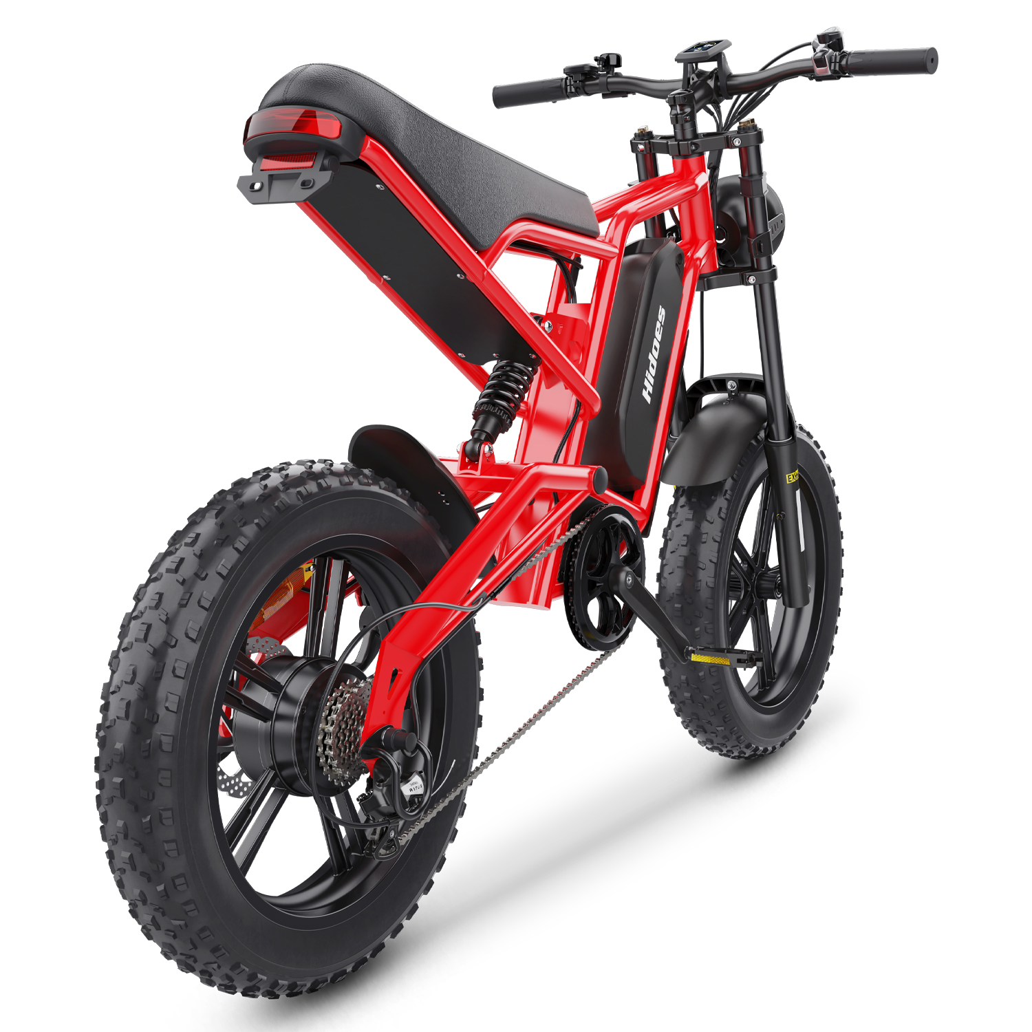 Una bicicleta eléctrica roja con neumáticos anchos y detalles negros se muestra en vista trasera 3/4.