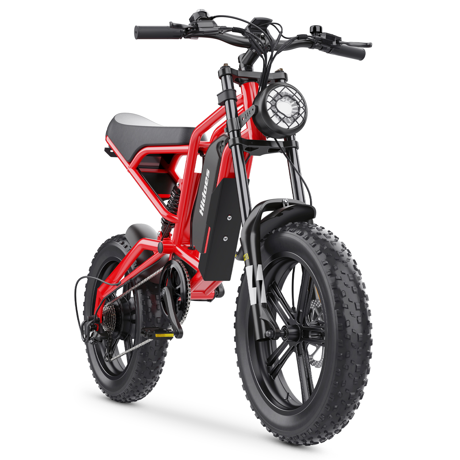 Una e-bike roja con neumáticos anchos, asiento negro y faro redondo.