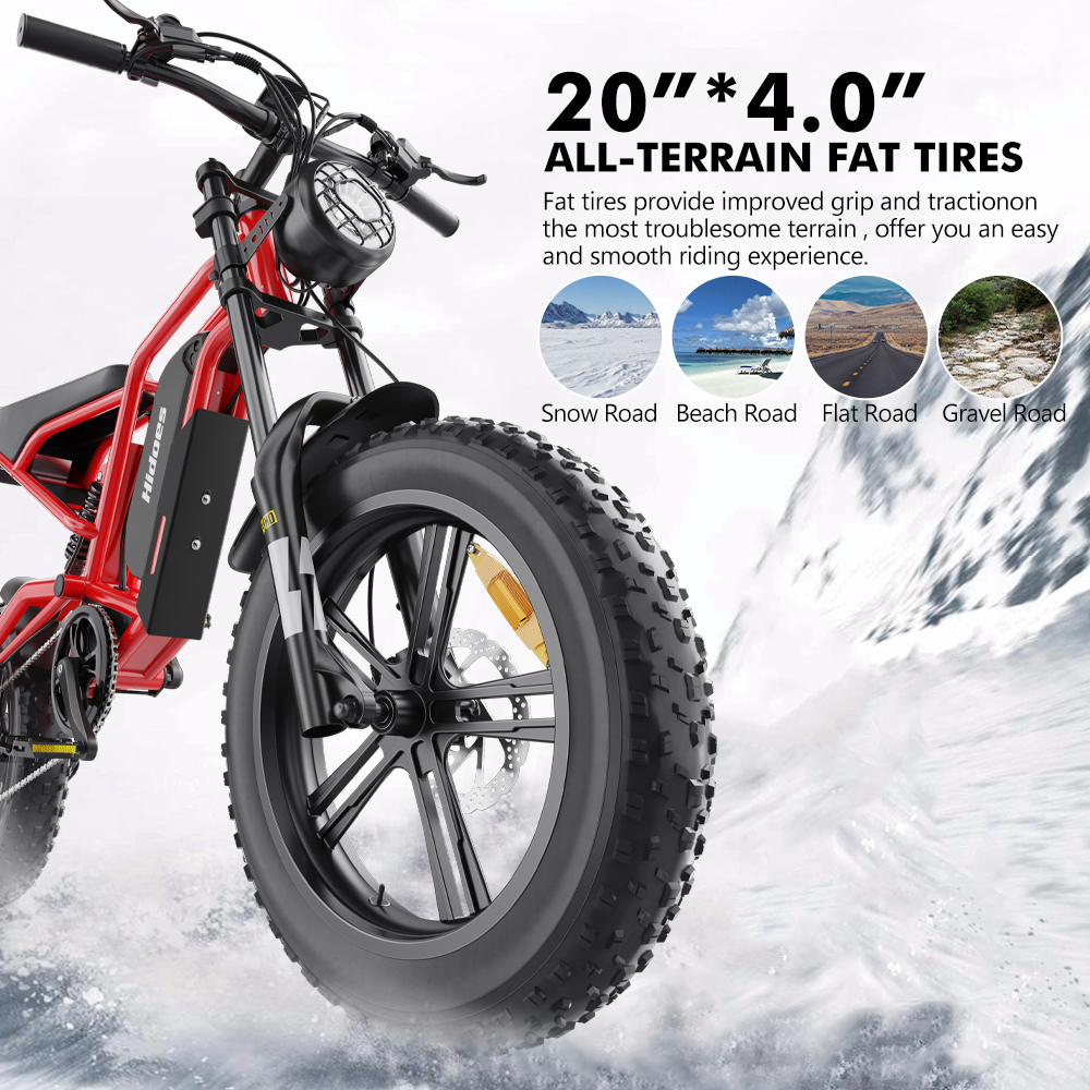 Bicicleta eléctrica roja con neumáticos anchos, anunciando varios terrenos.