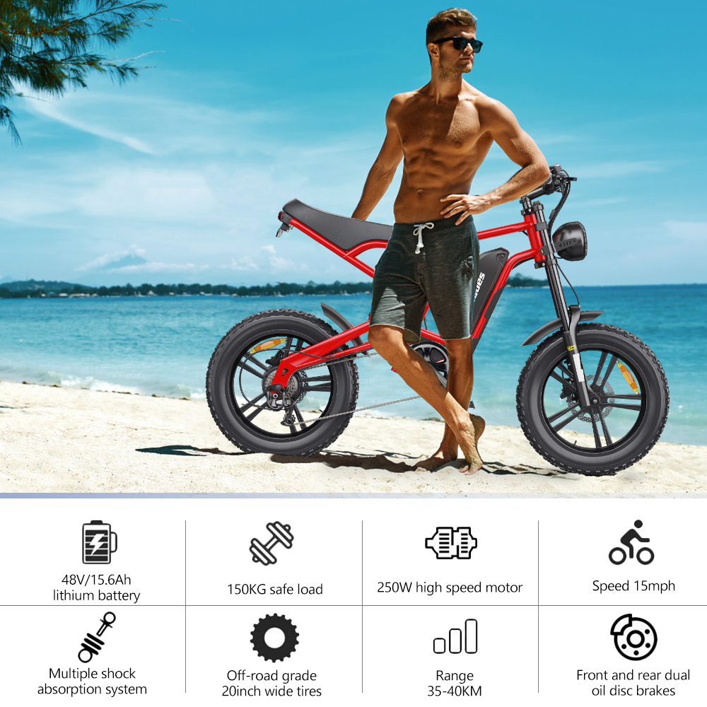 Hombre con gafas de sol en la playa con una bicicleta eléctrica roja. Especificaciones listadas abajo.