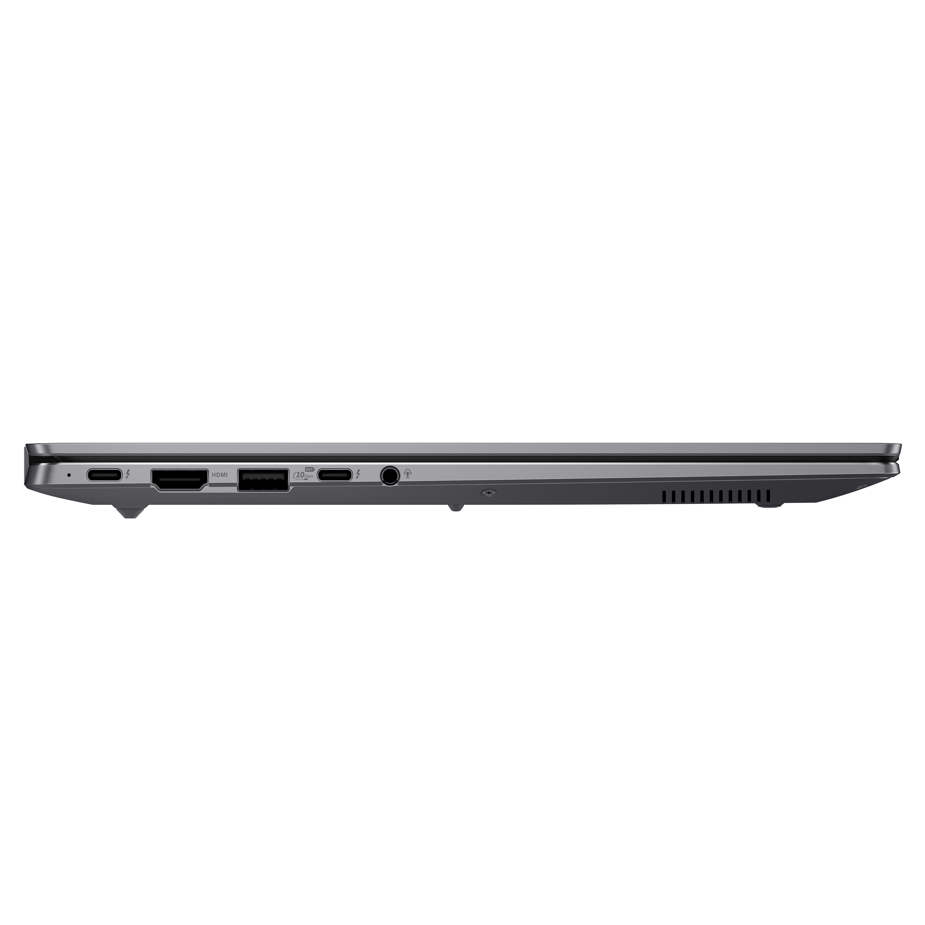 Lato di un laptop scuro con porte: USB-C, HDMI, USB-A, cuffie.