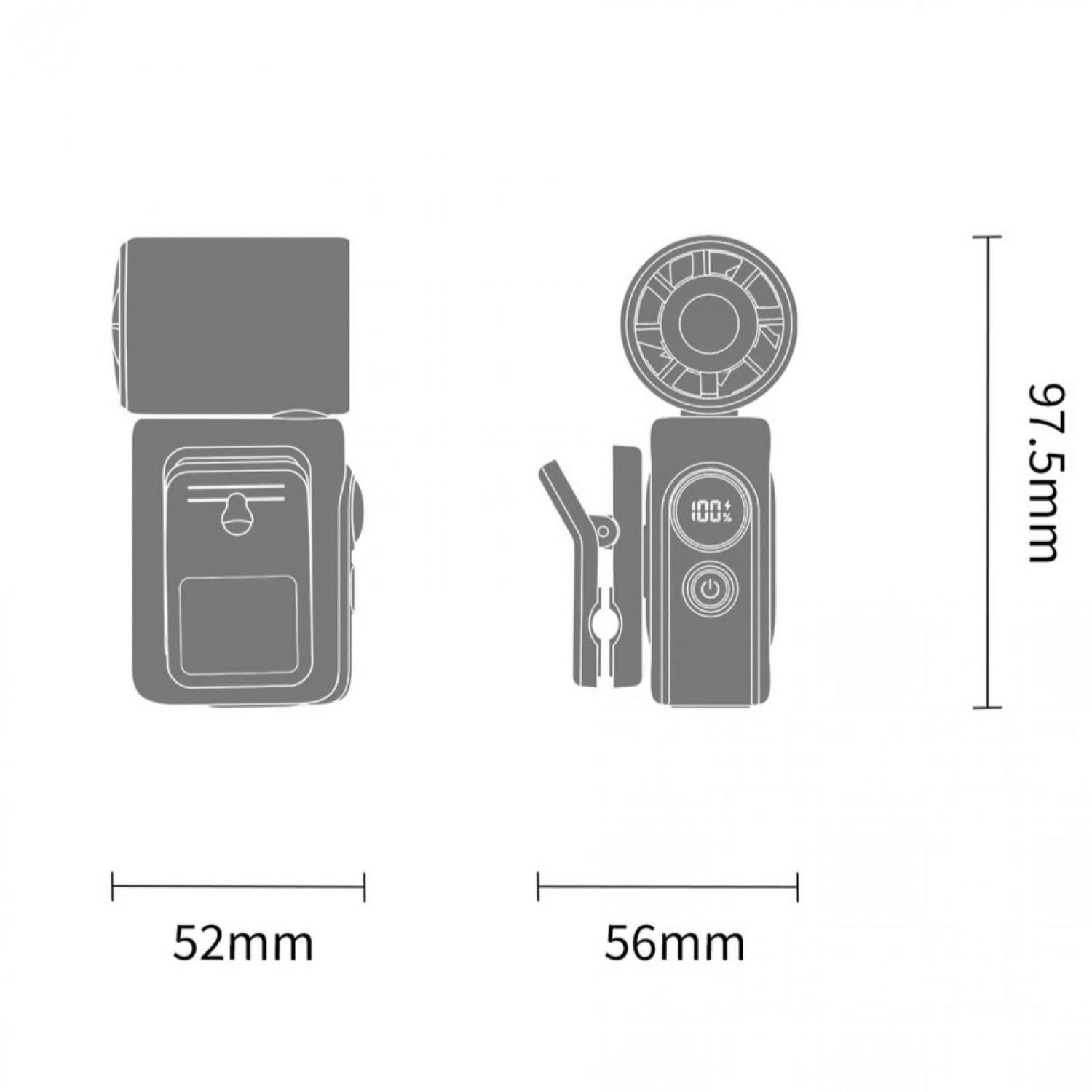 Zwei Ansichten eines grauen Blitzgeräts mit Maßen: 52mm, 56mm, 97.5mm.