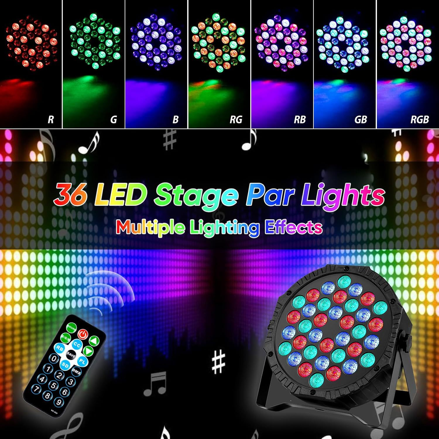 Bühnenbeleuchtung mit 36 LEDs, Fernbedienung und verschiedenen Lichteffekten.