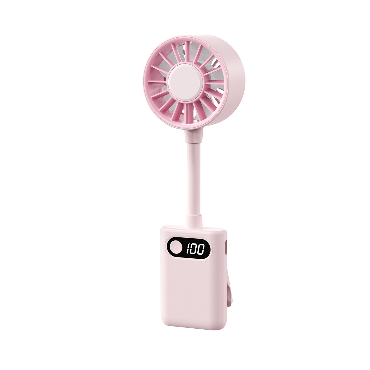Ein kleiner rosa Ventilator mit einem flexiblen Hals und einem digitalen Display, das 100 anzeigt.