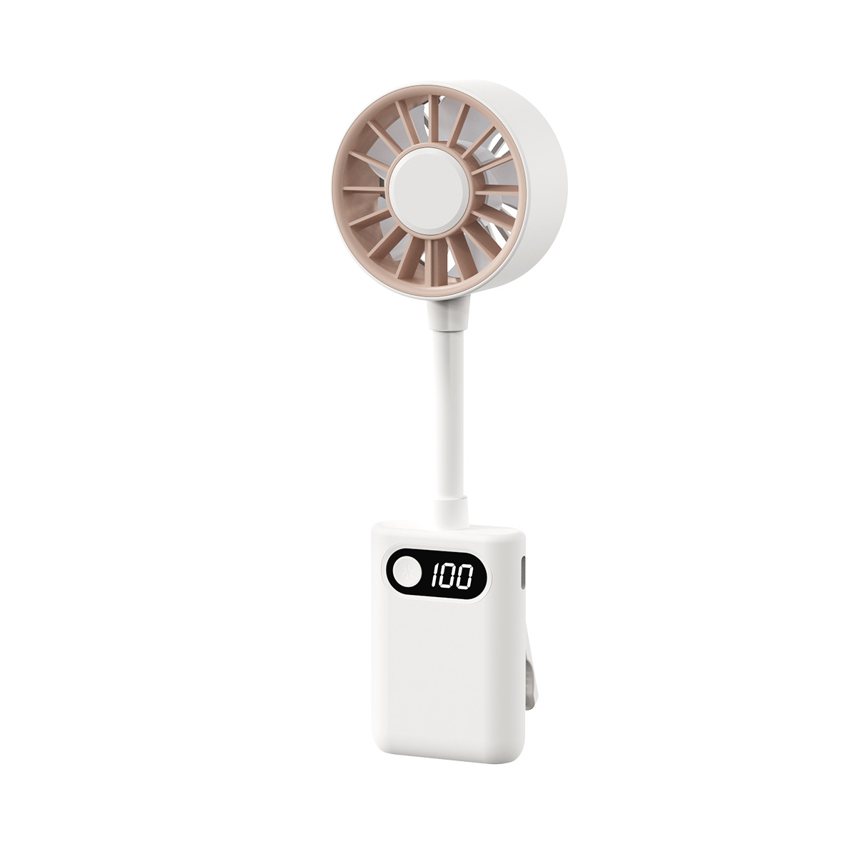 Ein weißer Ventilator mit braunen Lamellen und einem digitalen Display mit der Anzeige 100.
