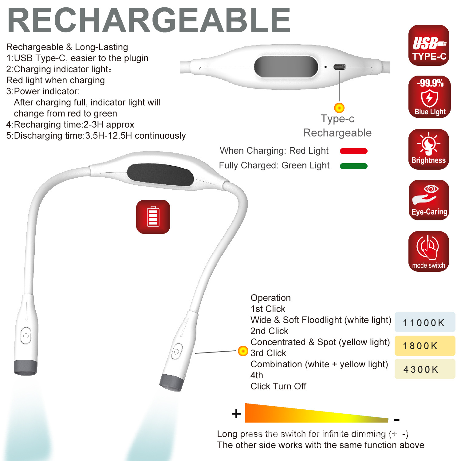Wiederaufladbare Nackenlampe mit Typ-C-Anschluss, verschiedenen Lichtmodi und Helligkeitseinstellungen.