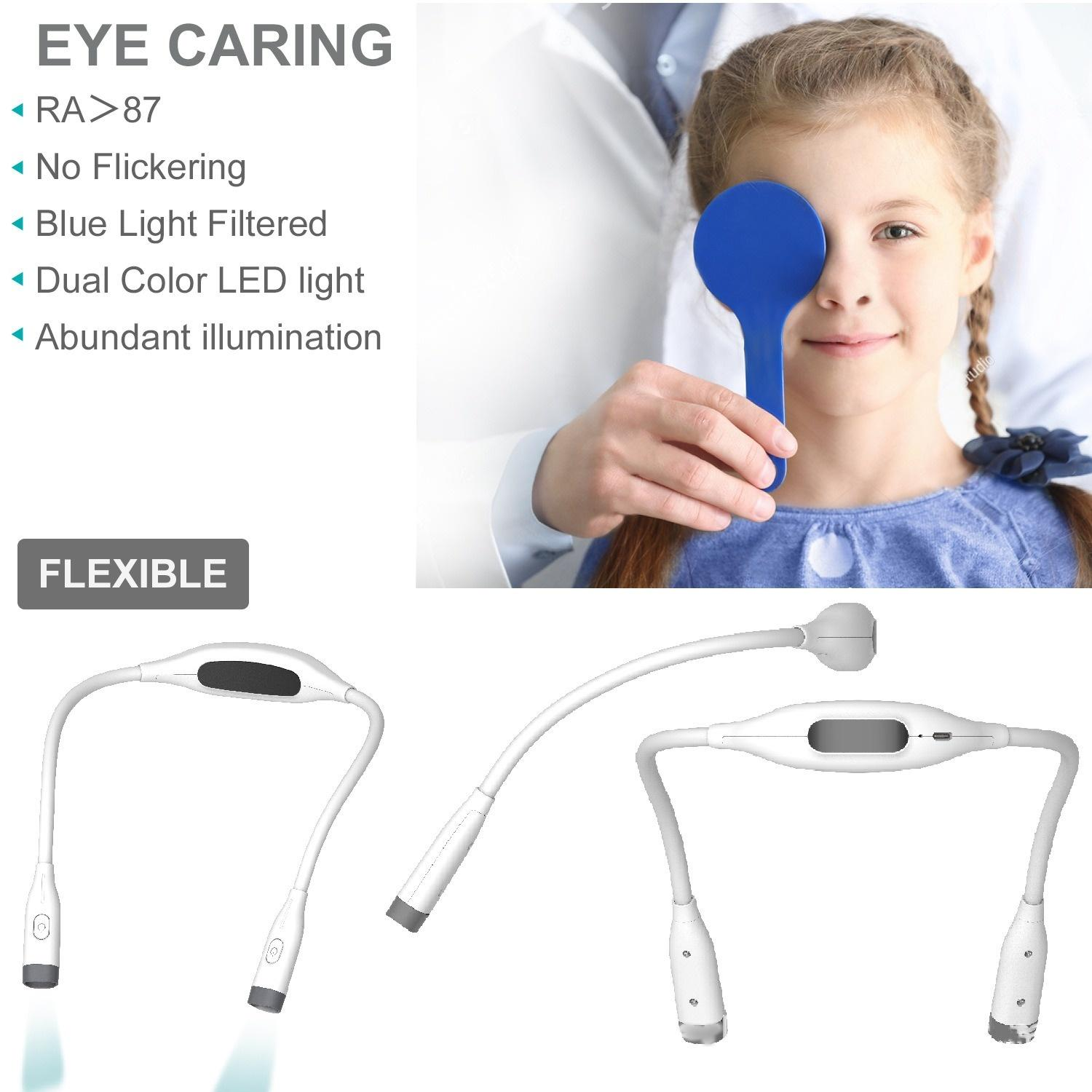 Ein Mädchen mit Augenklappe, zwei flexible LED-Lampen darunter.