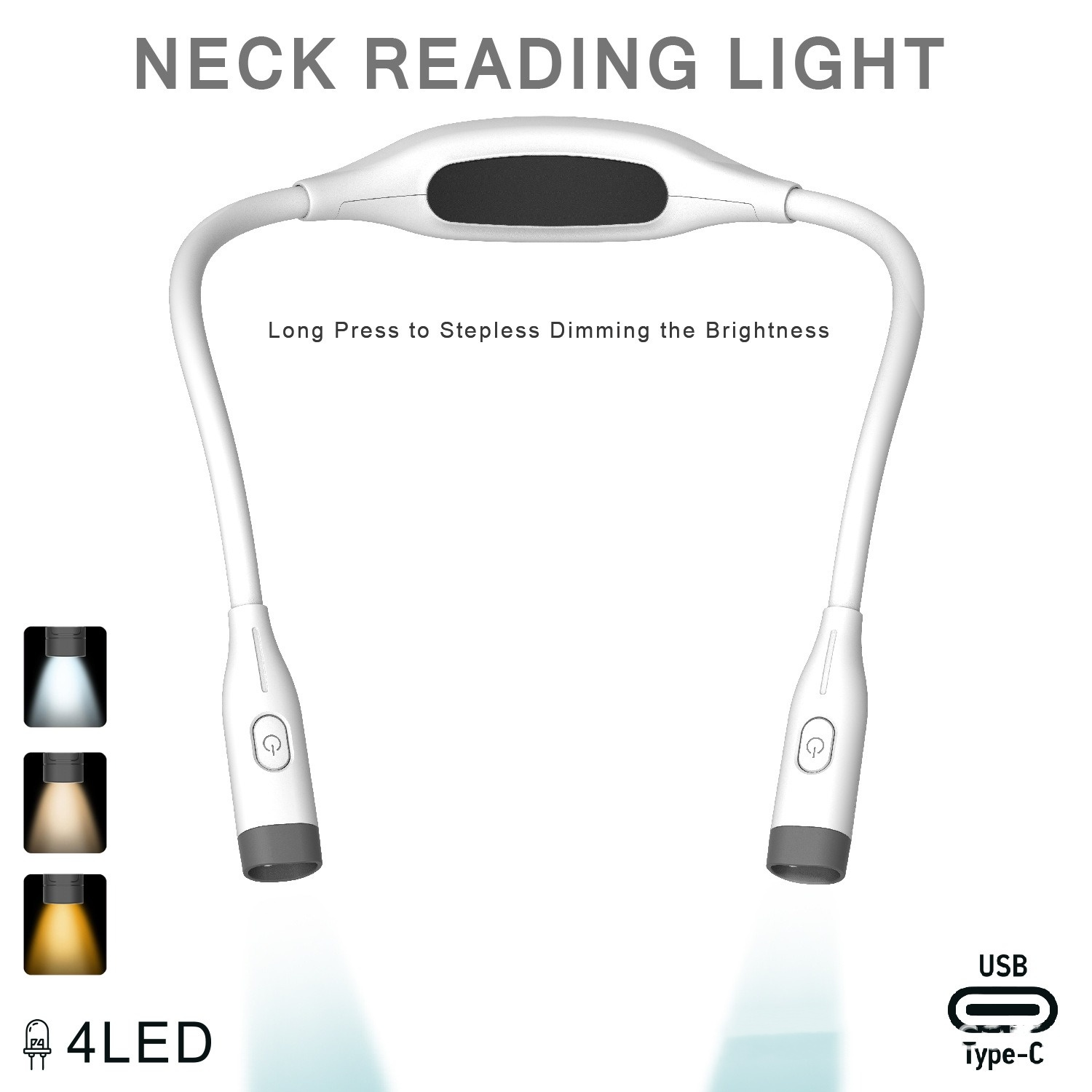 Ein weißes Lese-Halslicht mit USB-C-Anschluss und 4 LEDs.