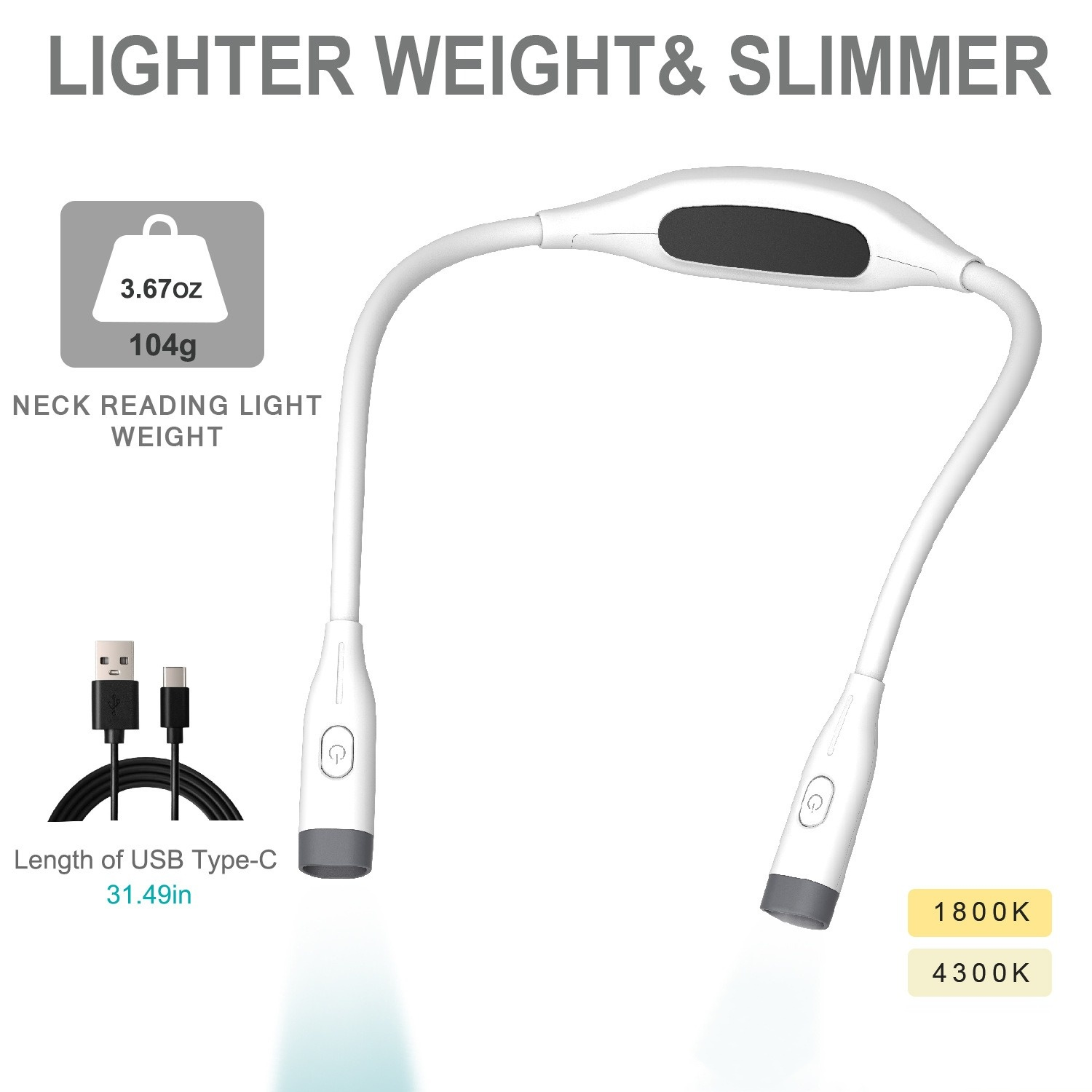 Ein weißes Leselicht für den Nacken, 104g, mit USB-C-Kabel und zwei Farbtemperaturen.