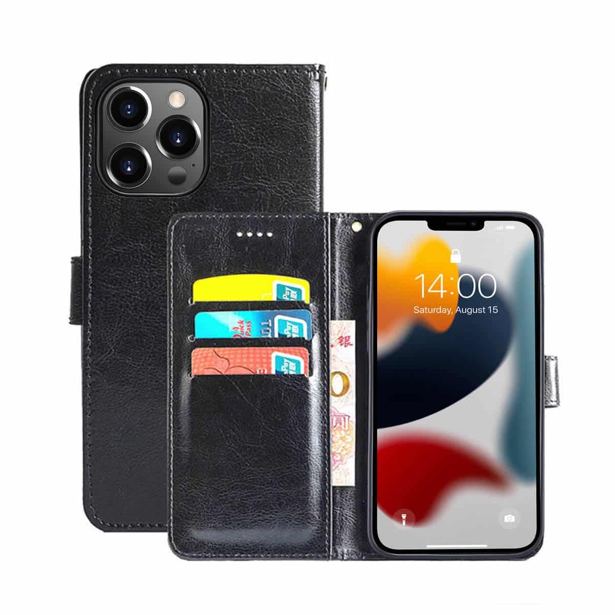Schwarzes Leder-Flip-Case mit drei Kartenfächern und einem Mobiltelefon.