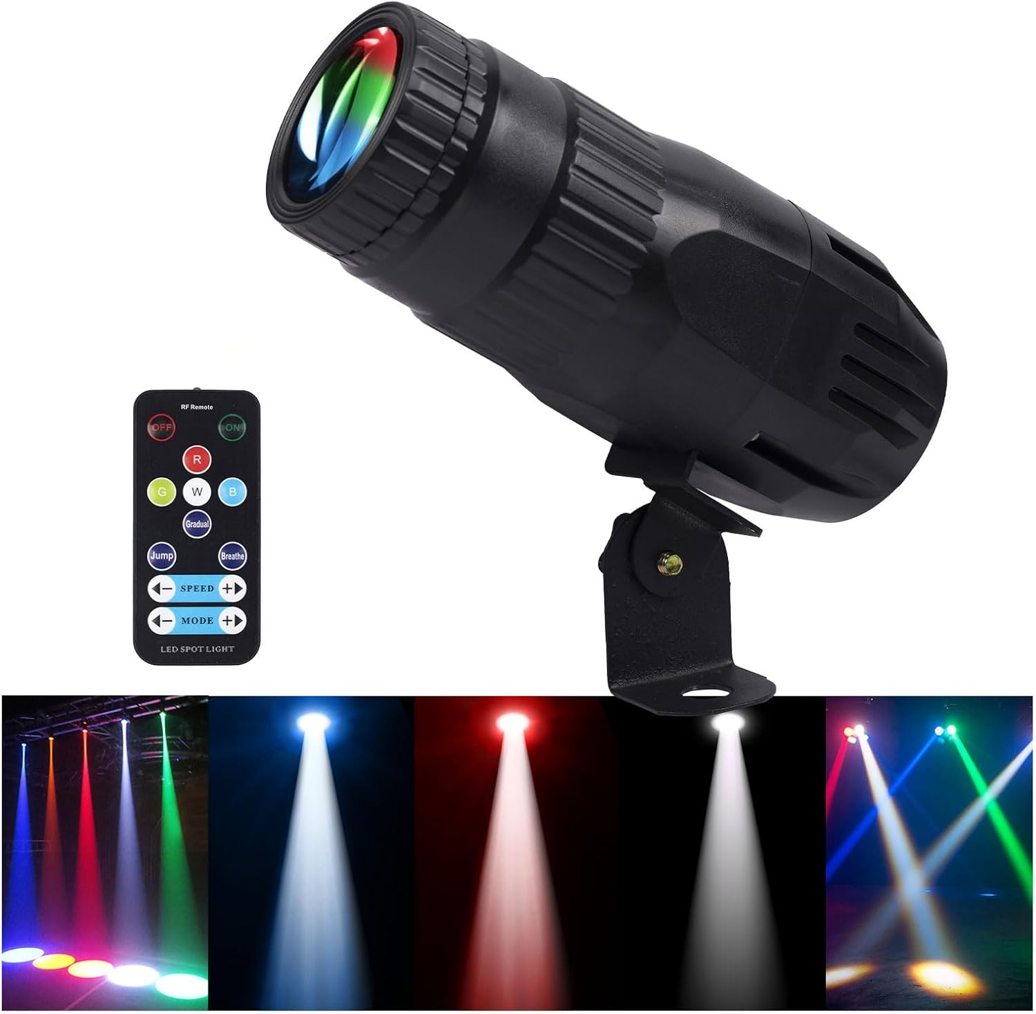 Ein schwarzer LED-Spotlight mit Fernbedienung und bunten Lichtstrahlen.